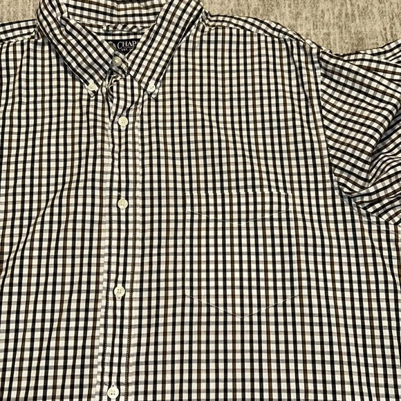 Chaps Mens XL button up short sleeve plaid shirt brown navy cream - Picture 6 of 6
